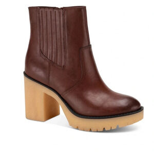 SUN STONE Womens Brown Lug Sole 1" Platform Lennii Round Toe Block Heel Booties